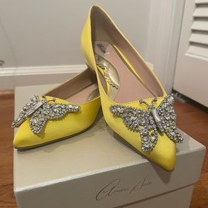 Aruna Seth - Size 36.5 Yellow Satin Eliana Flat with Rhinestone Butterfly.